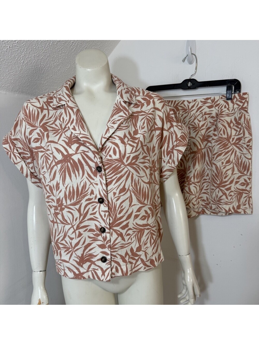 New Monteau Los Angeles Womens XL Tropical Leaf Print Linen Blend Top Shorts